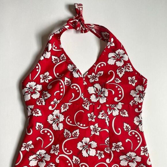 Vintage red & white hibiscus floral halter dress - Picture 4 of 7